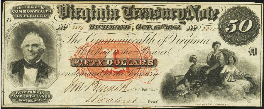 Virginia Treasury Note, Richmond, 1862 $50, Choice Very Fine